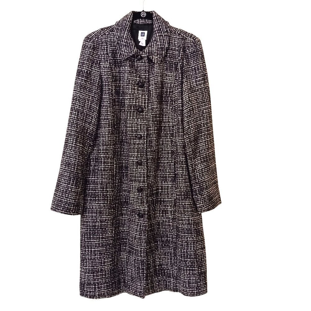Gap Black White Tweed Coat Large Longline Warm Winter